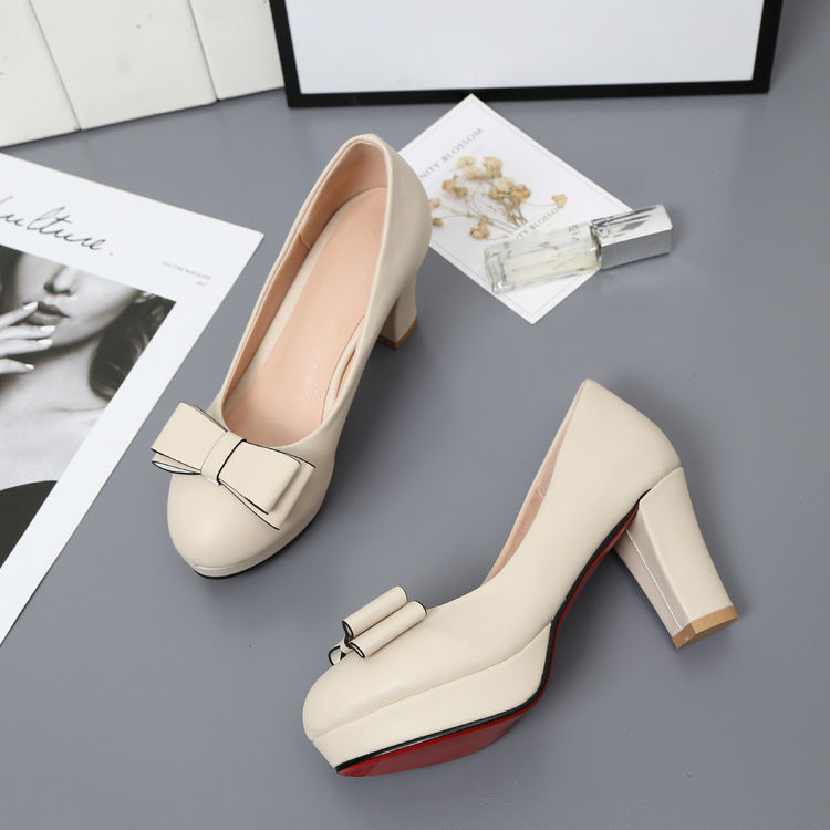 Shallow Bowknot White Thick Heel High Heel Shoes