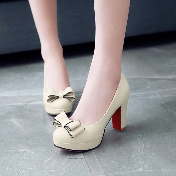 Shallow Bowknot White Thick Heel High Heel Shoes