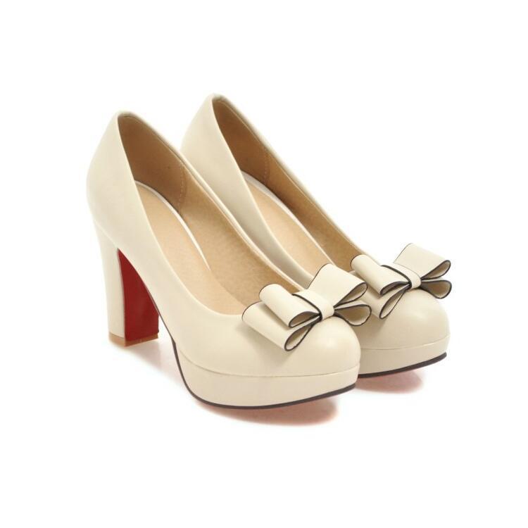 Shallow Bowknot White Thick Heel High Heel Shoes